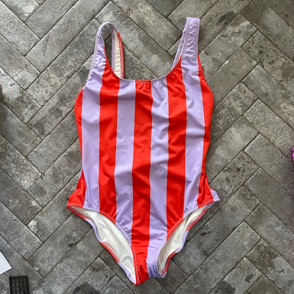 Solid & Striped One-Piece Swimsuit, Purple/ Red